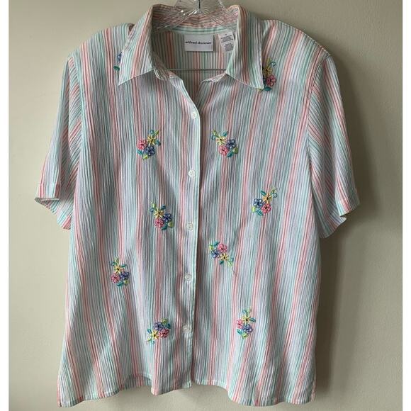 Vintage Striped Button-Down Short-Sleeve Shirt w/ Floral Stitching and Beading - Picture 2 of 5